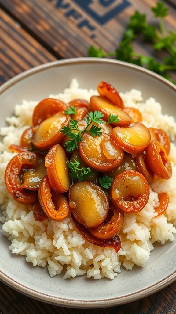 A hearty onion dish with melted cheese over rice, garnished with parsley on a rustic table.